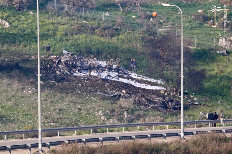 لاشه اف ۱۶ ساقط شده اسراییلی در جولان اشغالی