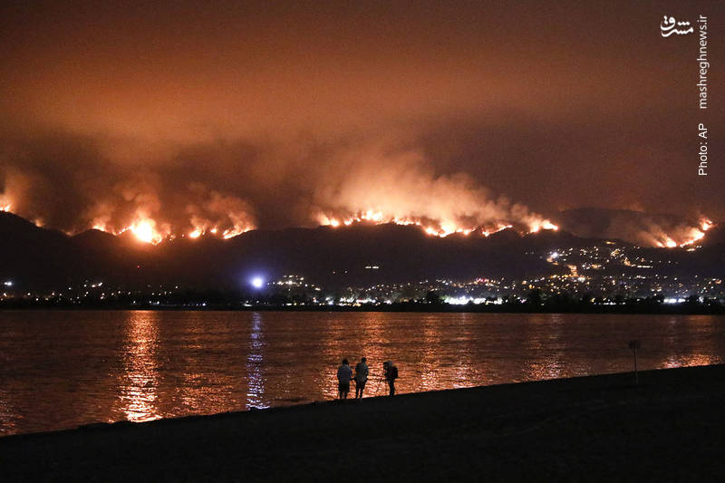 تصویری از چشم‌انداز شبانه آتش‌سوزی در جنگل ملی کلیولند در کالیفرنیا.