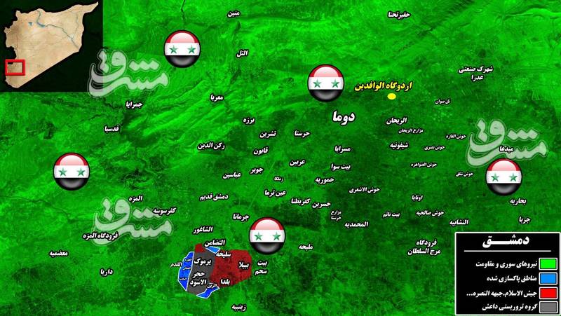 2238516 - نیروهای سوری به بزرگترین پایگاه داعش در جنوب دمشق رسیدند/ دولت سوریه در آستانه توافق برای آزادی ۵ هزار شهروند محاصره شده الفوعه و کفریا + نقشه میدانی و تصاویر